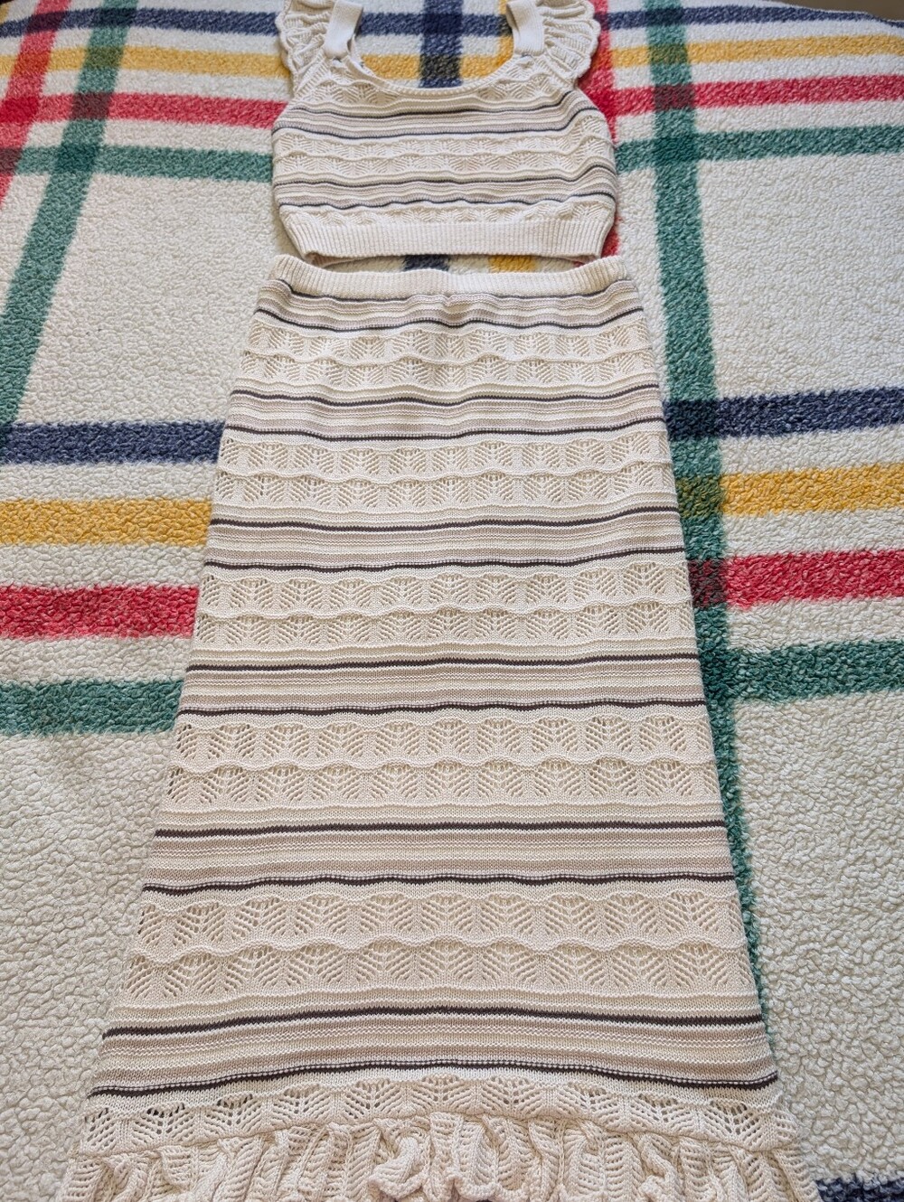 Cream Knit Maxi Skirt and Cropped Top with Striped Accents